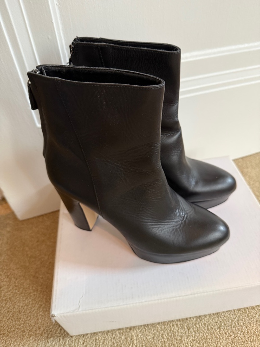 Zara Black Leather Mid-Calf Block Heel Boots